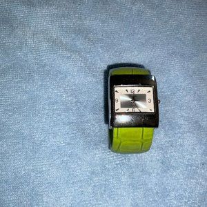 Zanadu Quarts Silver Tone & Lime Green Faux Leather Cuff Watch